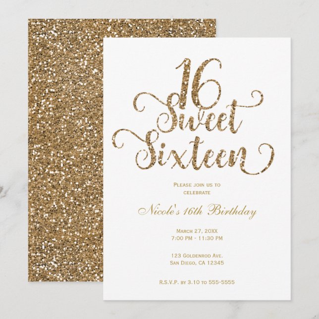 Sweet 16 Vit & Guld Glitter Födelsedagsfest Inbjudningar (Fram/baksida)