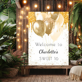 Sweet 16 vit guld glitterballonger välkommen poster