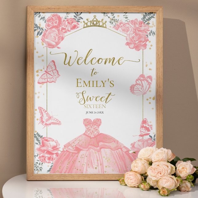 Sweet 16 Welcome Sign Butterfly Rosa Dress Blommig Poster (Skapare uppladdad)