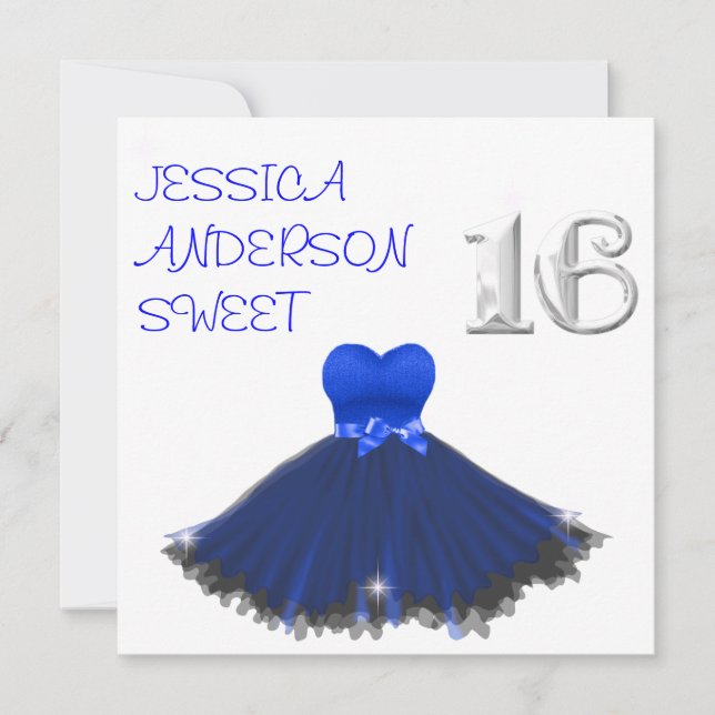 SWEET 16 White Blue Black Dress Sparkles Inbjudningar (Framsida)