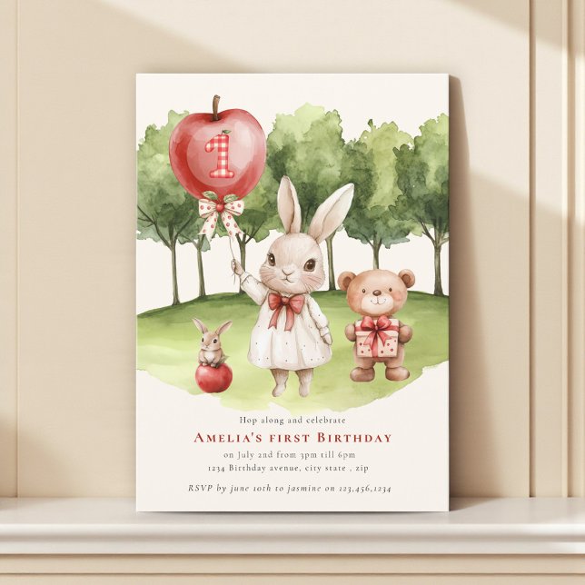 Sweet  1st Bunny Apple  Birthday Invitation Inbjudningar (Skapare uppladdad)