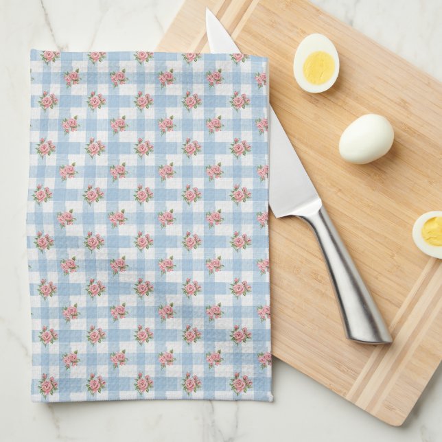 Sweet 50s Retro Rosebud Blue Gingham Check Kökshandduk (Vikt i Fjärdedel)