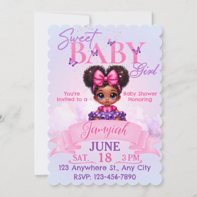 Sweet Afro Puff Flicka Rosa/Lila Baby Shower (Framsida)