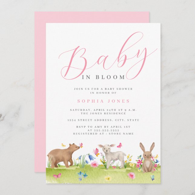 Sweet Animals Girl Baby i Bloom Baby Shower Inbjudningar (Fram/baksida)