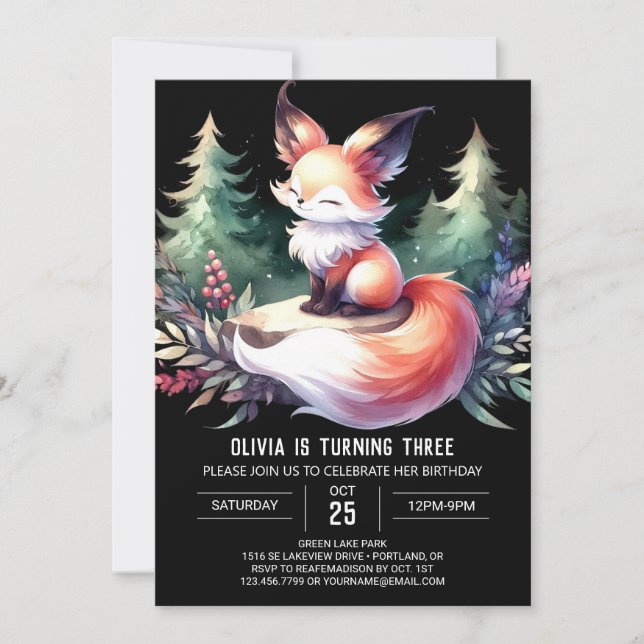Sweet Anpassningsbar Fox Birthday digital Inbjudningar (Framsida)