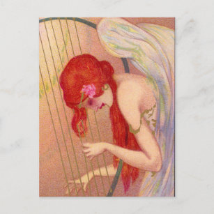 Sweet Antique Redhead Angel på Harp Postcard Vykort