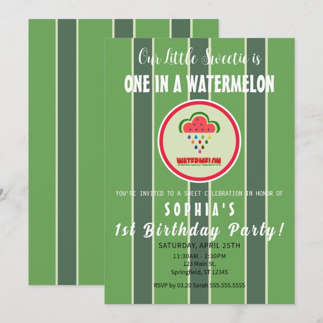 Sweet as a Watermelon - First Birthday Invitation Inbjudningar (Fram/baksida)