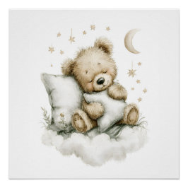 Sweet baby bear fast asleep on fluffy clouds perfect poster