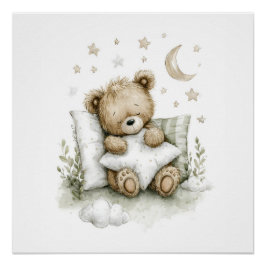 Sweet baby bear fast asleep on fluffy clouds perfect poster