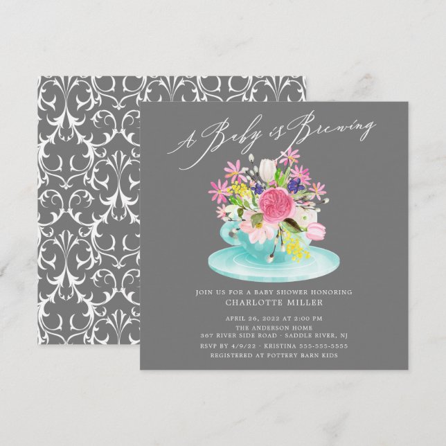 Sweet Baby Brewing Blommigt Baby Tea-inbjudan Inbjudningar (Fram/baksida)