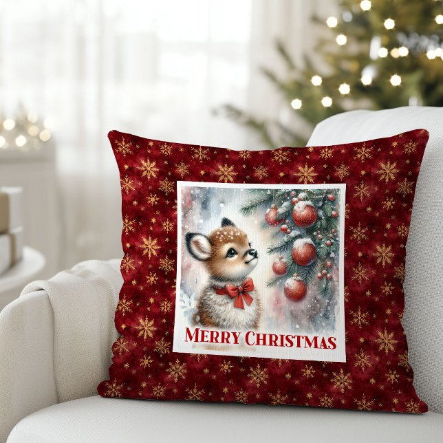 Sweet baby deer snowy forest festive scene kids  kudde (Sweet baby deer snowy forest festive scene kids decor)