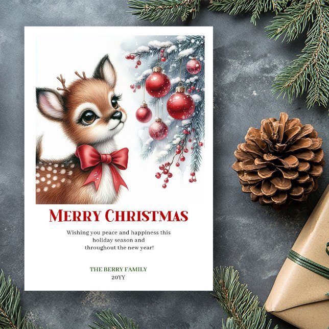 Sweet baby deer snowy forest winter scene greeting julkort (Send warm holiday wishes with this serene watercolor Christmas greeting card featuring an adorable b)