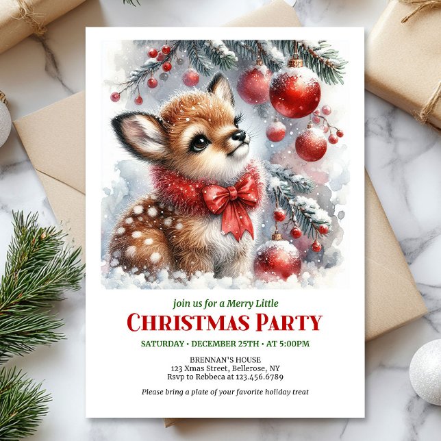 Sweet baby deer watercolor Christmas invite digita Inbjudningar (Sweet baby deer watercolor Christmas invite editable template)