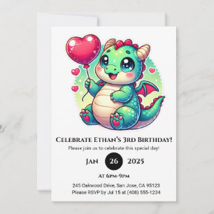 Sweet Baby Dragon med Heart Balloon Birthday Inbjudningar