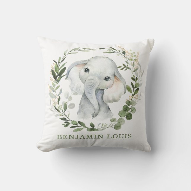 Sweet Baby Elephant Greenery Guld Lövs Nursery Kudde (Framsida)