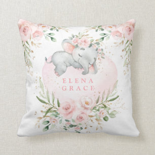 Sweet Baby Elephant Rosa Blommigt Greenery Kudde