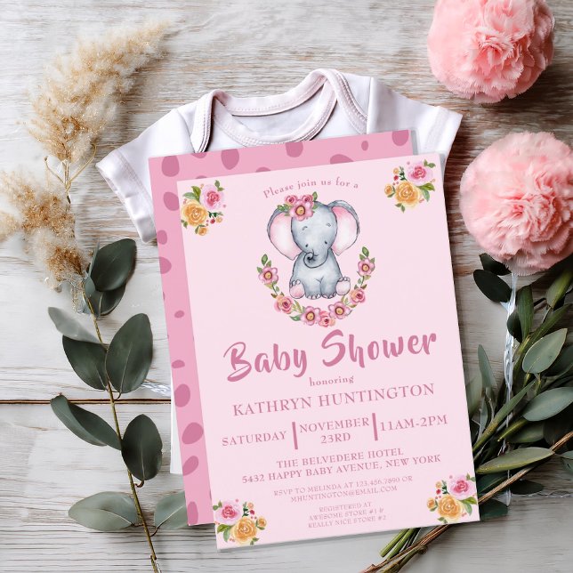 Sweet Baby Elephant Rosa Boho Blommigt Baby Shower Inbjudningar (CUTE PINK BABY ELEPHANT FLORAL SAFARI BABY SHOWER INVITATION)