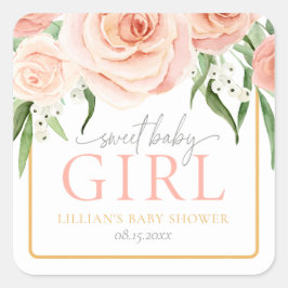 Sweet Baby Girl Blush Pink Rose Floral Baby Shower Fyrkantigt Klistermärke