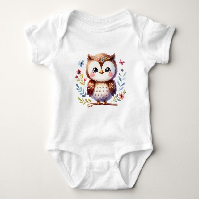 Sweet Baby Owl with Flowers | Cute Animal Art T Shirt (Framsida)