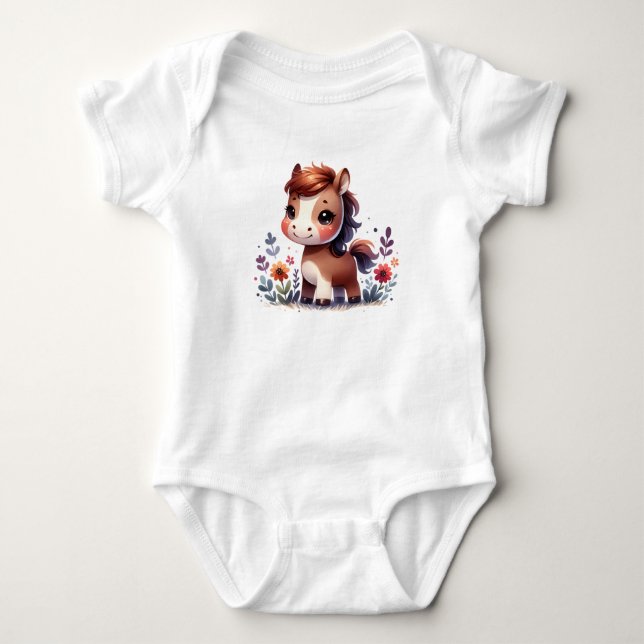 Sweet Baby Pony with Flowers | Cute Animal Art T Shirt (Framsida)