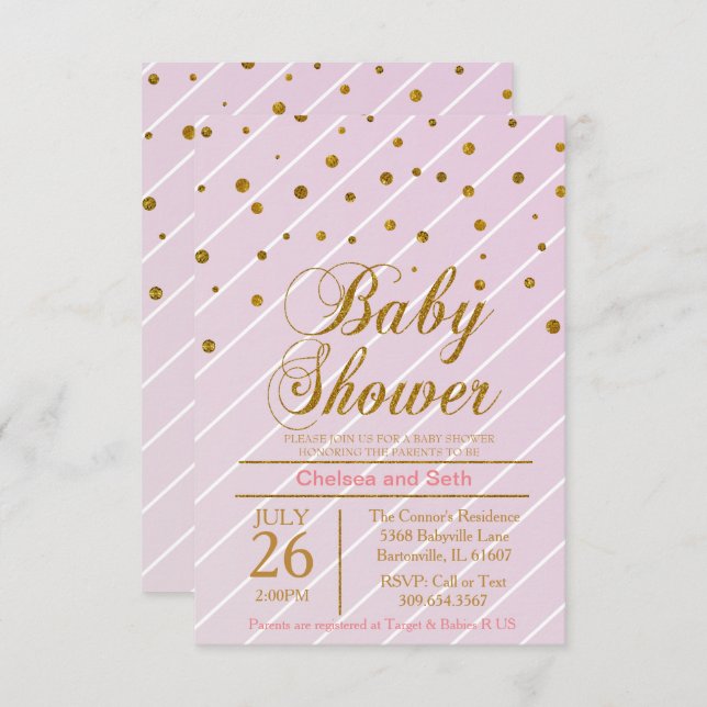 Sweet Baby Rosa & Guld Confetti | Babyskor Inbjudningar (Fram/baksida)