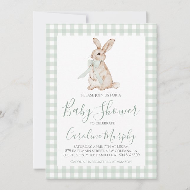 Sweet Baby Shower Bunny Rabbit Grönt Gingham Inbjudningar (Framsida)