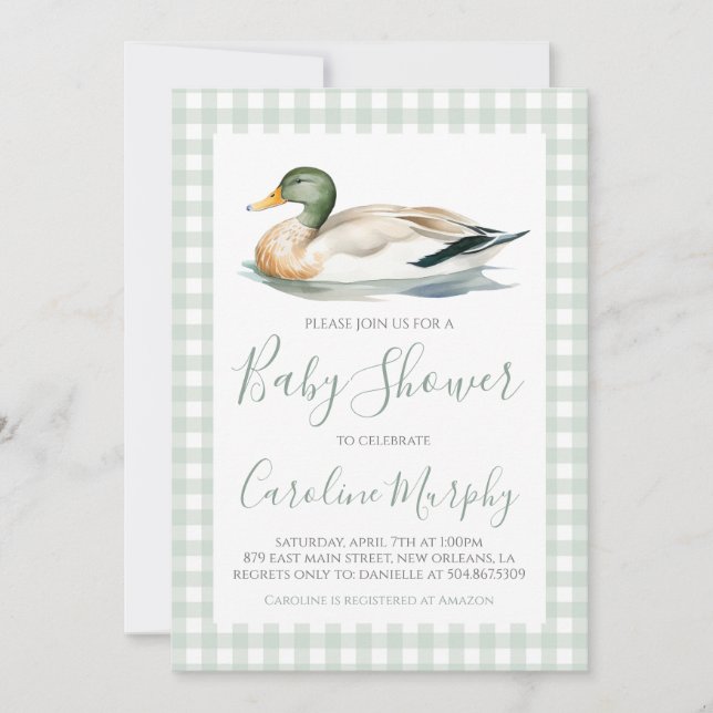 Sweet Baby Shower Mallard Anka Grönt Gingham Inbjudningar (Framsida)