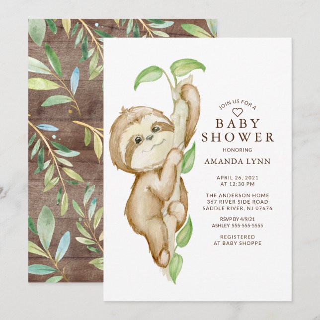 Sweet Baby Sloth Baby Shower Inbjudningar (Fram/baksida)