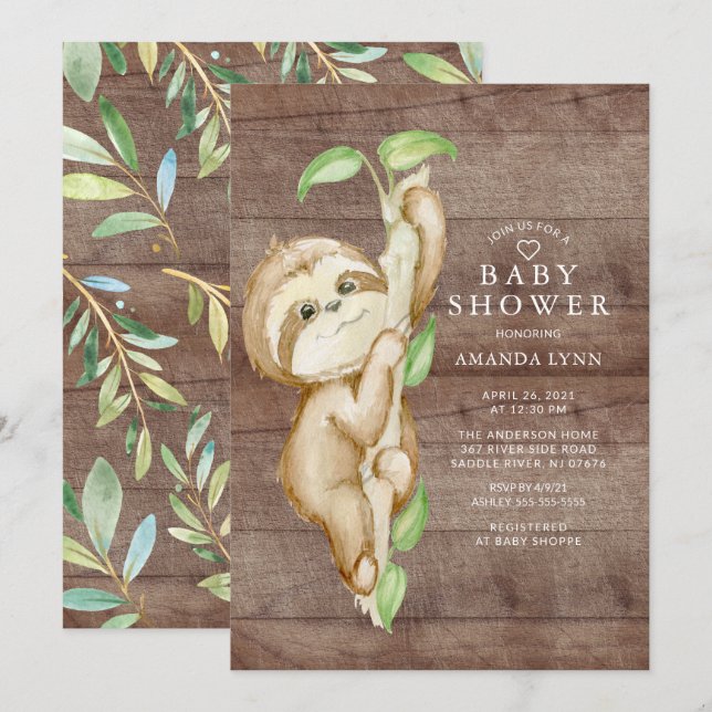 Sweet Baby Sloth Baby Shower Inbjudningar (Fram/baksida)