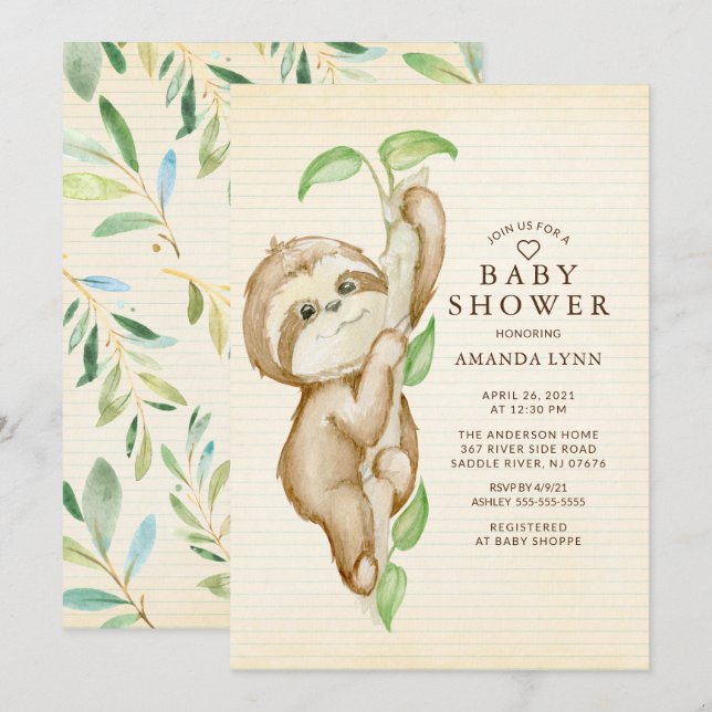 Sweet Baby Sloth Baby Shower Inbjudningar (Fram/baksida)