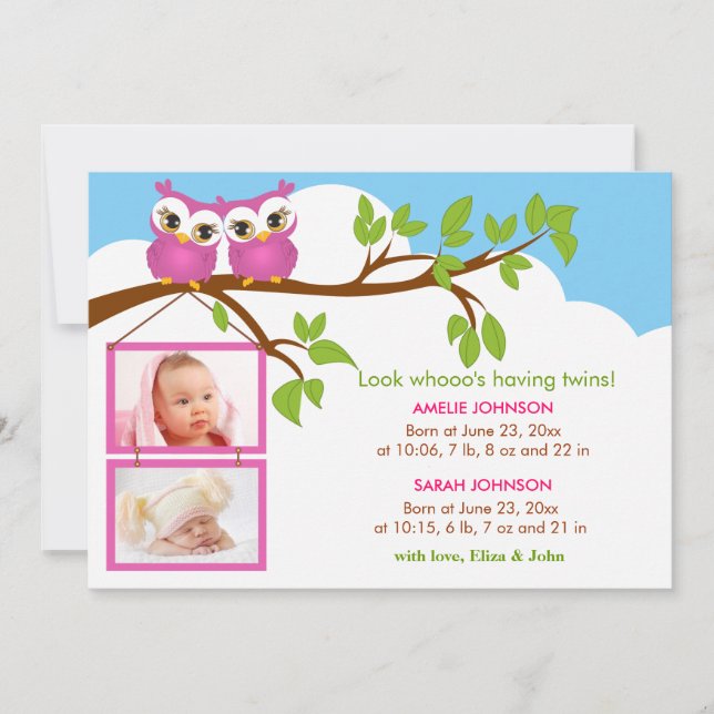 Sweet Baby Twillingars Uggla Girl Photo Birth Meddelande (Framsida)