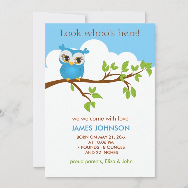 Sweet Baby Uggla Boy Birth-annons Card Meddelande (Framsida)