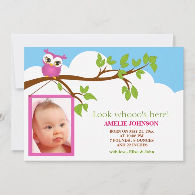Sweet Baby Uggla Girl Birth Notice of Meddelande (Framsida)