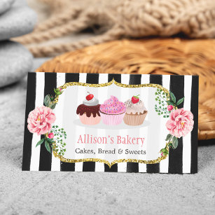 Sweet Bakery Muffins Guld Rosa Blommigt Stripe Visitkort