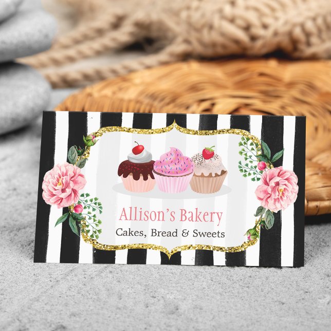 Sweet Bakery Muffins Guld Rosa Blommigt Stripe Visitkort (Skapare uppladdad)