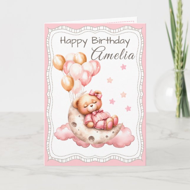 Sweet Bear on the Moon Birthday Card for Girl Kort (Framsida)