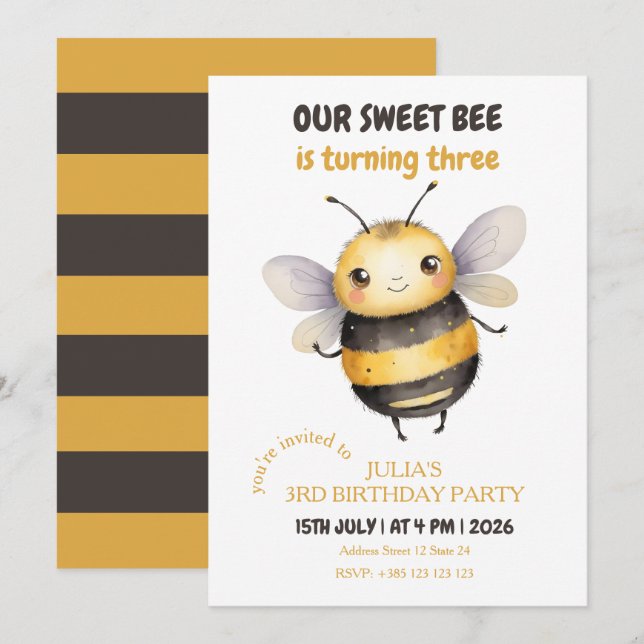Sweet Bee Barn Födelsedagsfest Inbjudningar (Fram/baksida)