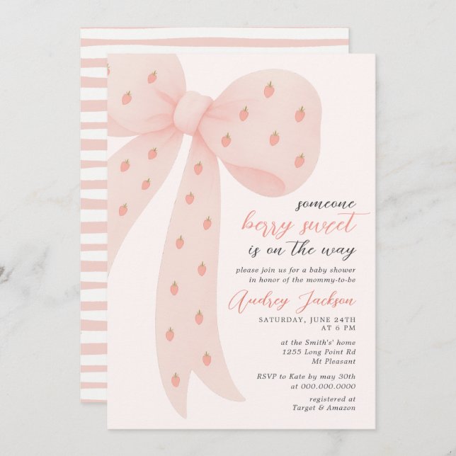 Sweet Berry Girl Pink Coquette Bow Baby Shower  Inbjudningar (Fram/baksida)