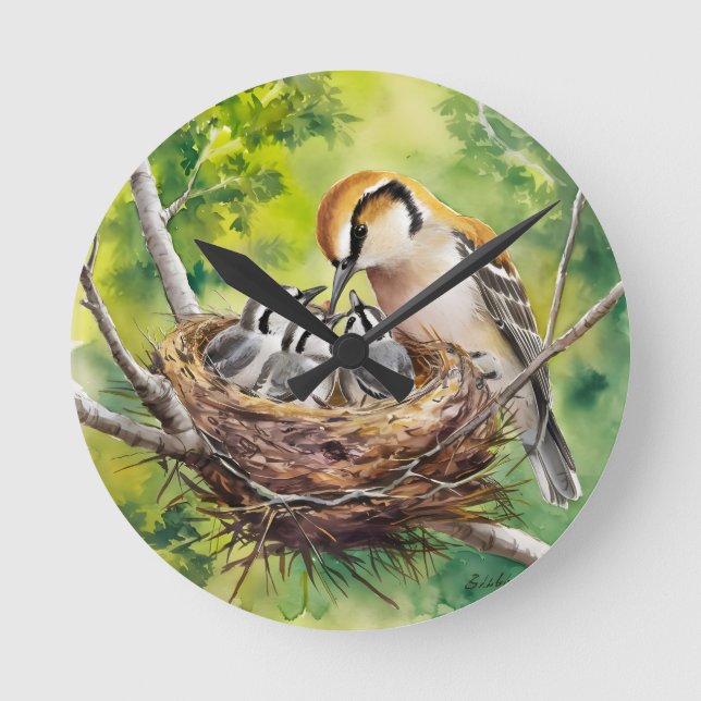Sweet bird nest painting rund klocka (Framsida)