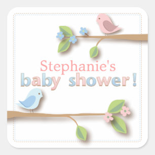 Sweet Birdie Rosa & Blue Baby Shower Sticker Fyrkantigt Klistermärke