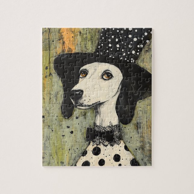 Sweet Black and White Polka Dot Hund in Tophat Pussel (Vertikal)