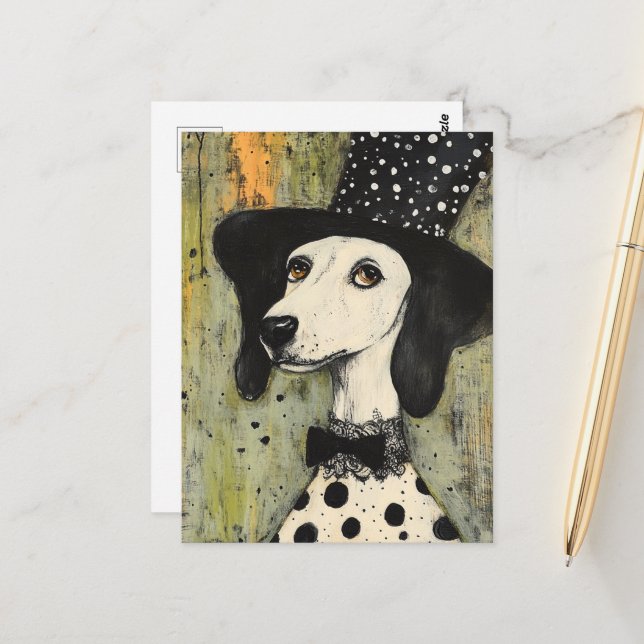 Sweet Black and White Polka Dot Hund in Tophat Vykort (Fram/Back In Situ)
