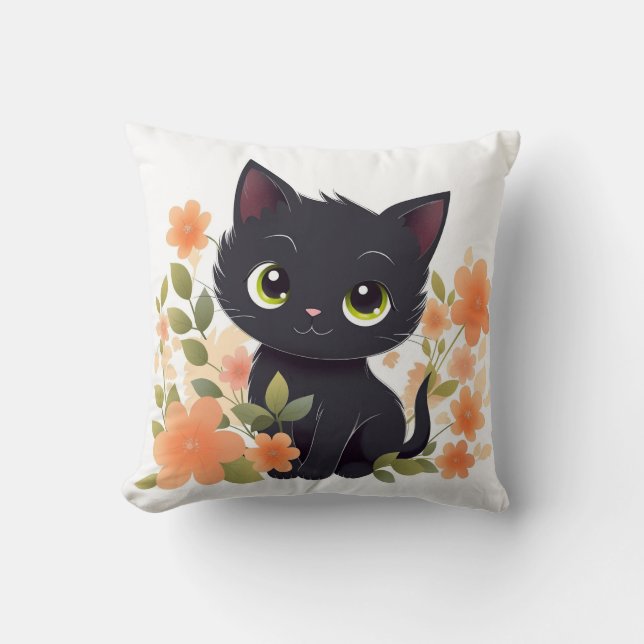 Sweet Black Kitten med Flowers Kawaii Chibi Kudde (Framsida)