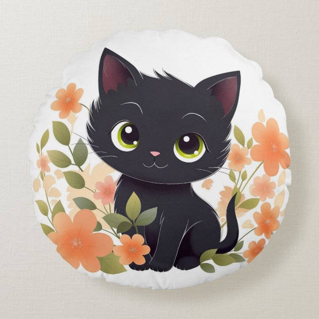 Sweet Black Kitten med Flowers Kawaii Chibi Rund Kudde (Framsidan)