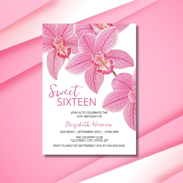 Sweet Blommigt Rosa Orchid 16:e födelsedagen Inbjudningar (Skapare uppladdad)