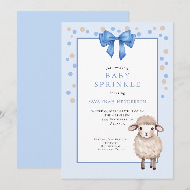 Sweet Blue Baby Sprinkle with Bow & Cute Lamb  Inbjudningar (Fram/baksida)