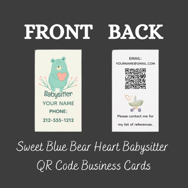 Sweet Blue Bear Heart Babywatch QR-kod Visitkort (Sweet Blue Bear Heart Babysitter QR Code Business Cards)