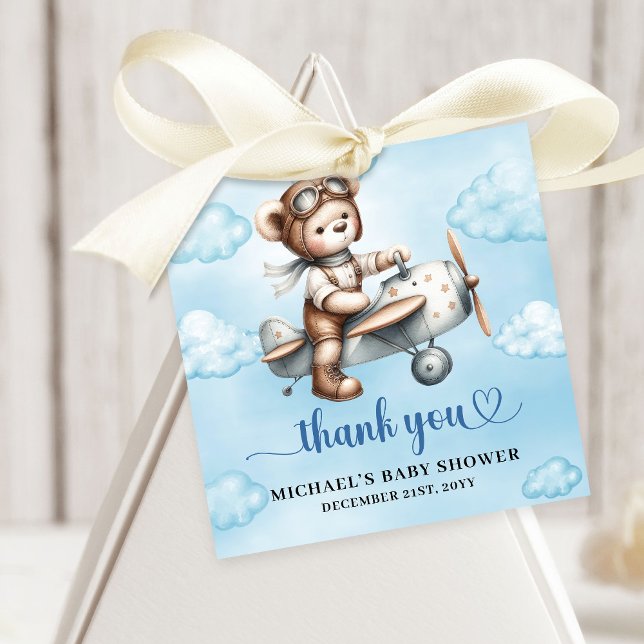 Sweet Blue Brown Teddy Bear Pilot Boy Shower Gåvor Etiketter (Sweet Blue Brown Teddy Bear Aviator Boy Shower Party Favor Tag

)