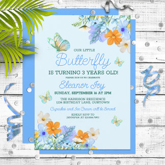 Sweet Blue Butterfly Theme Girl's Födelsedagsfest Inbjudningar