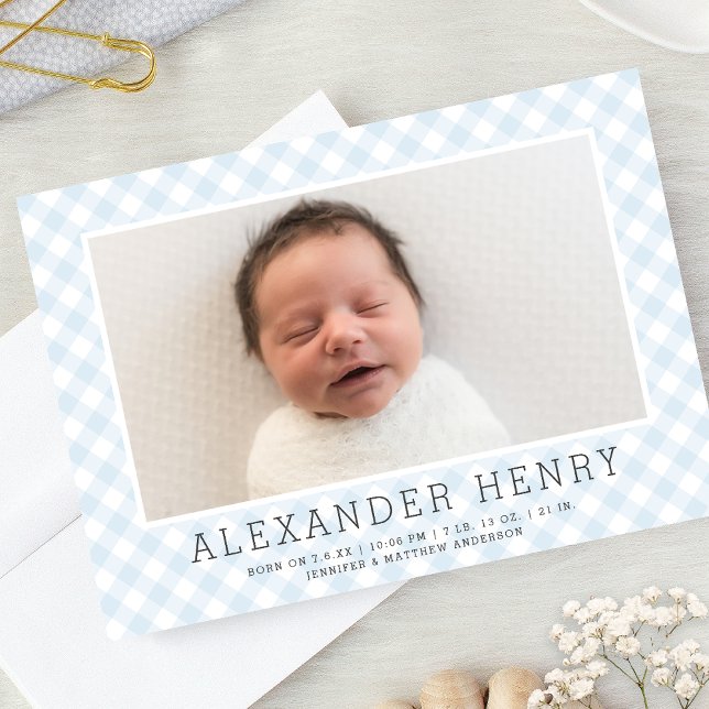 Sweet Blue Gingham Mönster | Födelsemeddelande Meddelande (Skapare uppladdad)